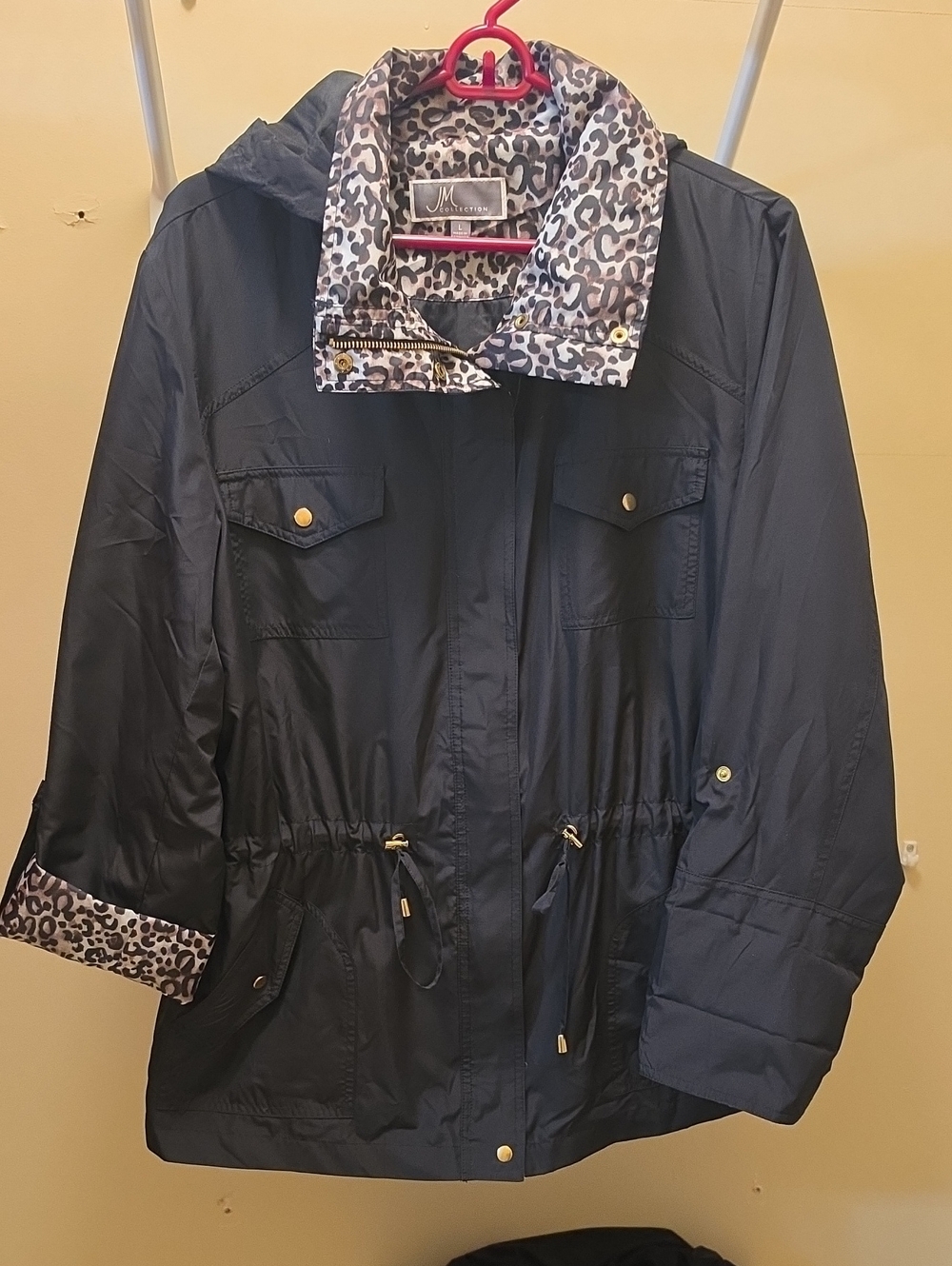 JM Collection Black Utility Jacket with Leopard-Print Trim